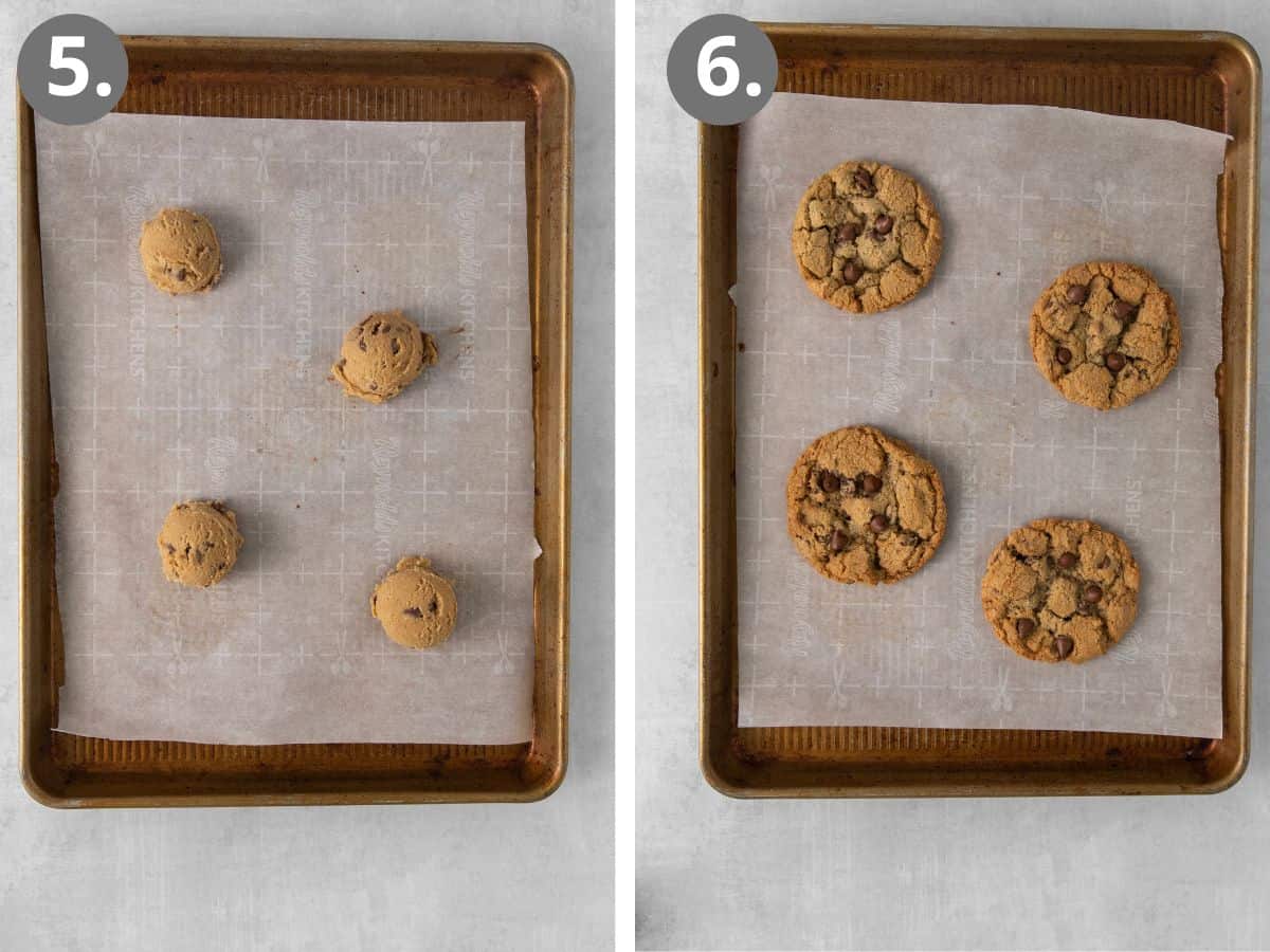Cookie dough balls on a cookie sheet, and baked cookies on a cookie sheet