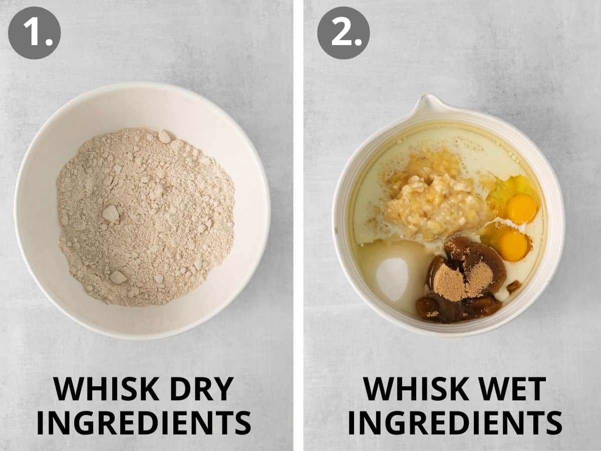 Dry ingredients in a bowl, and wet ingredients in a bowl