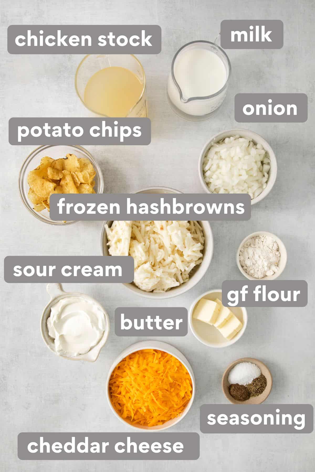 gluten-free cheesy potato ingredients on a countertop