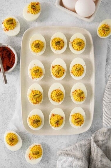 Deviled eggs with relish on a serving tray