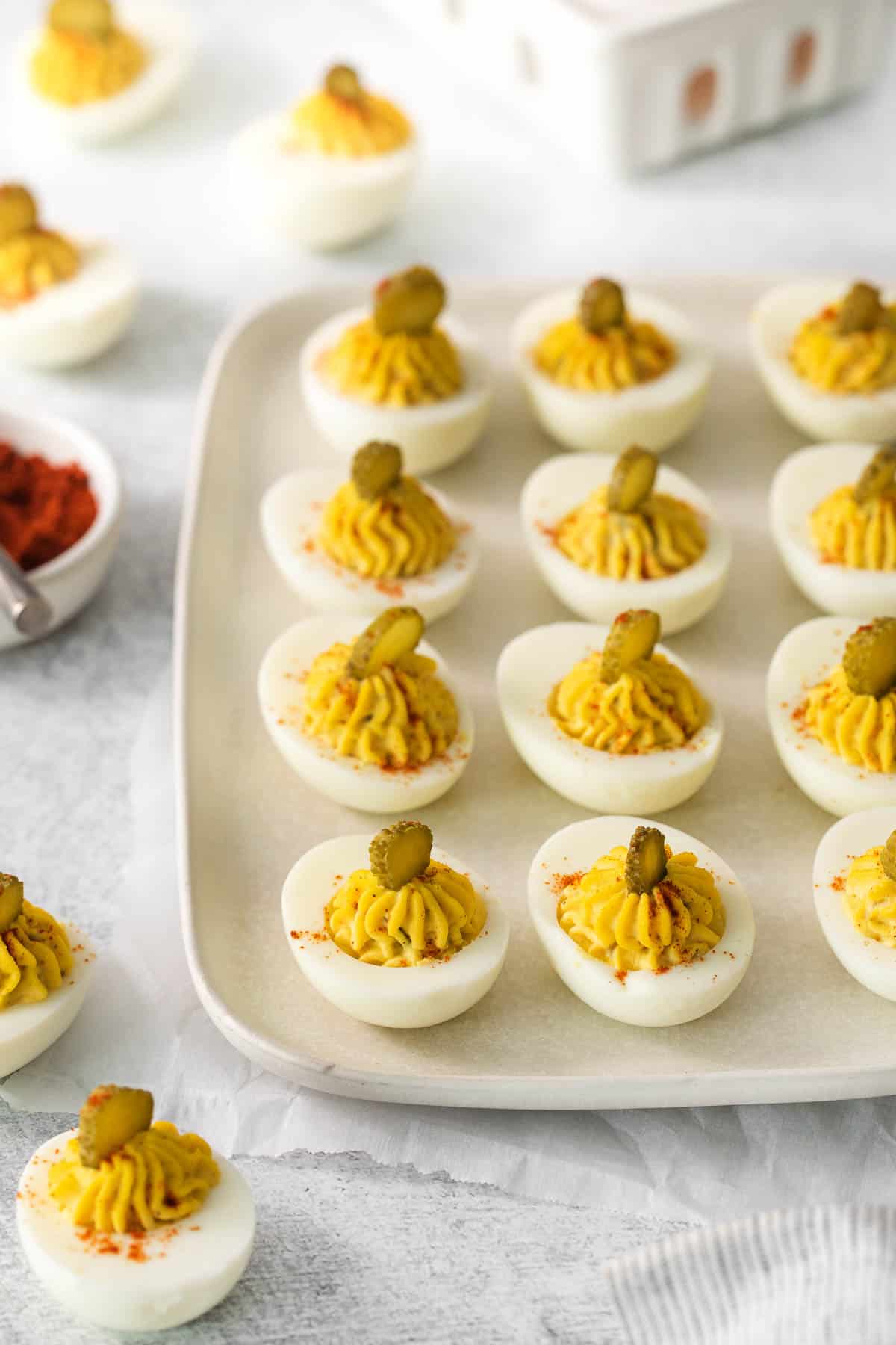 Deviled eggs with relish on a tray