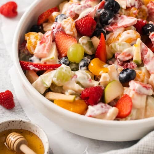 A closeup view of Easter fruit salad in a bowl