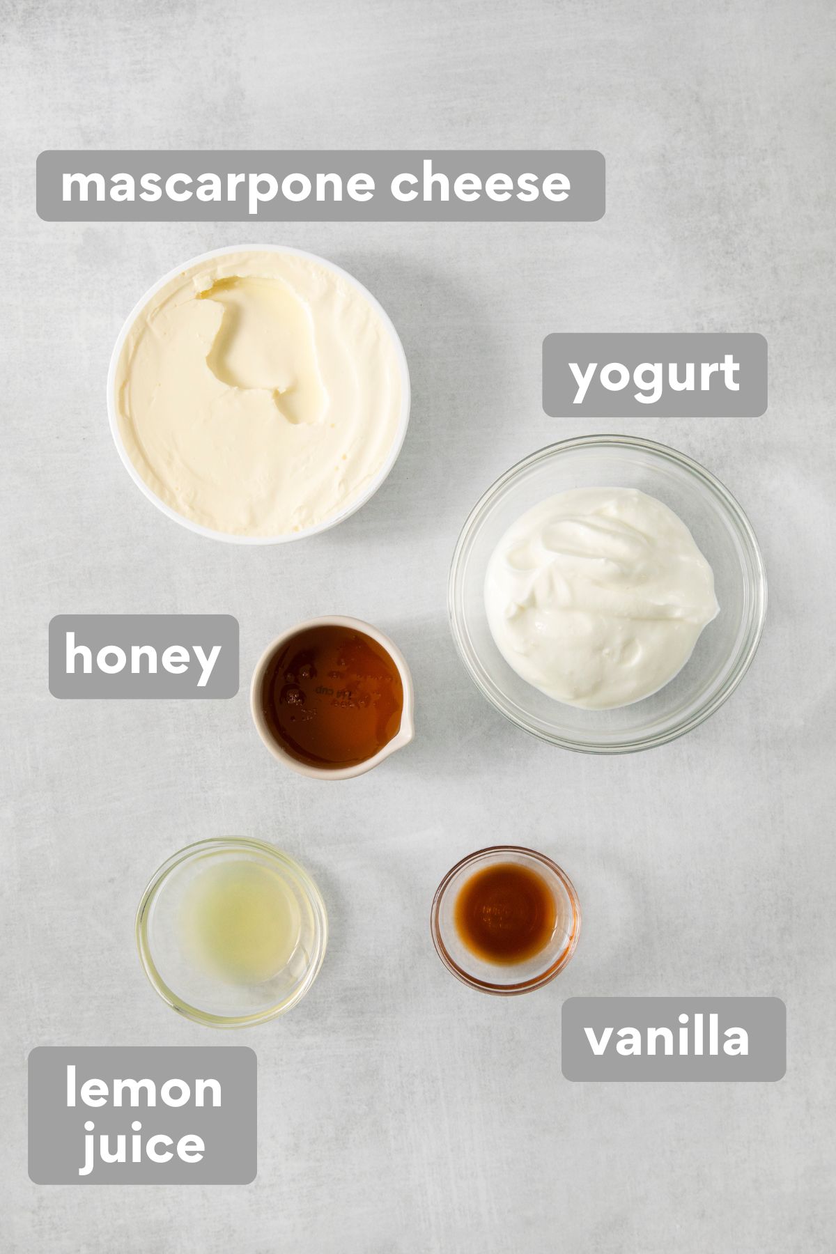 Honey mascarpone ingredients on a countertop