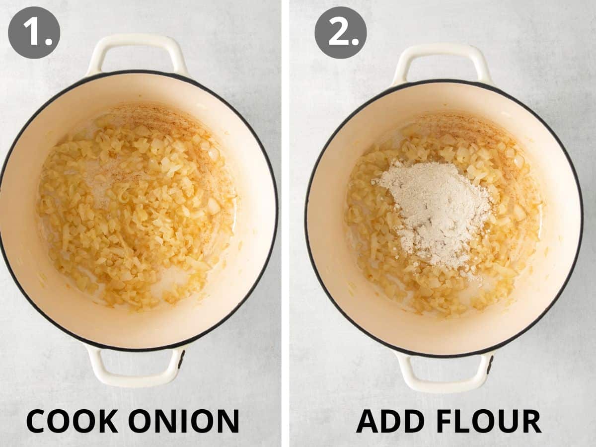 Onion cooking in a pot, and flour added to the pot
