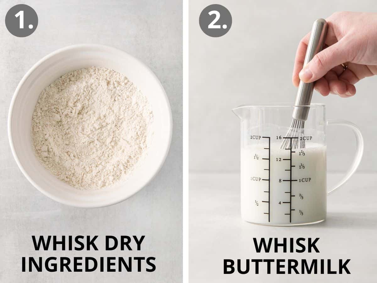 Dry ingredients in a bowl, and buttermilk in a measuring cup