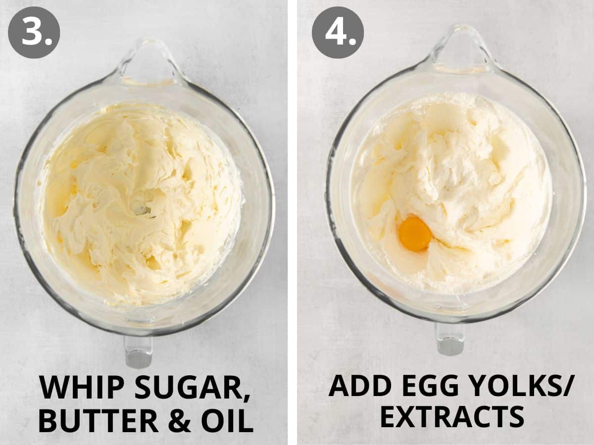 Sugar, butter, and oil in a bowl, and eggs added to the bowl