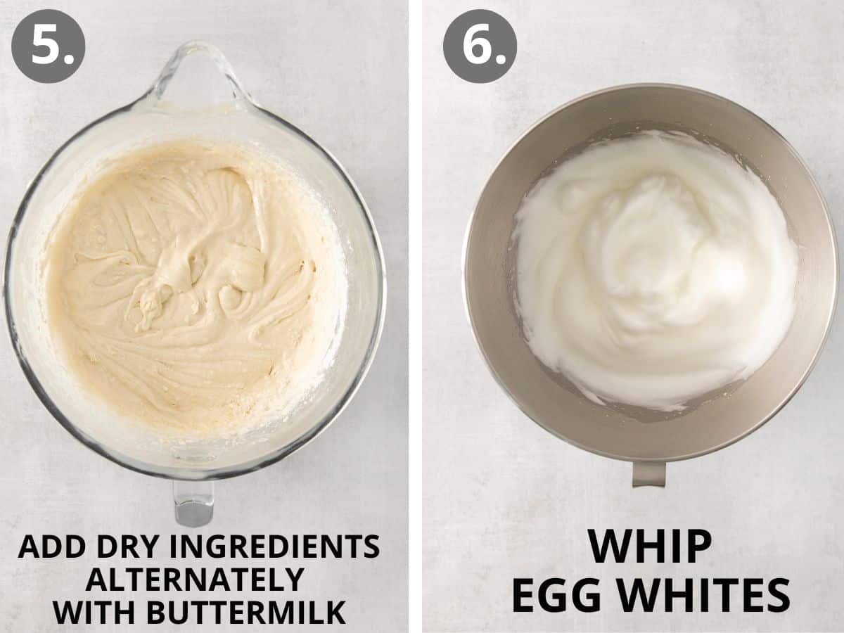 Cake batter in a mixing bowl, and whipped egg whites in a bowl