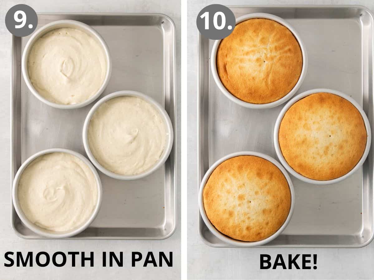 Cake batter in three round pans, and baked cakes