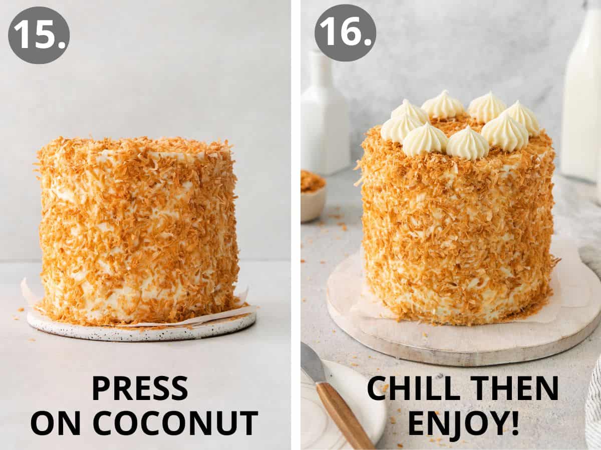 Coconut pressed into the layered cake frosting, and chilled cake with frosting piped on top