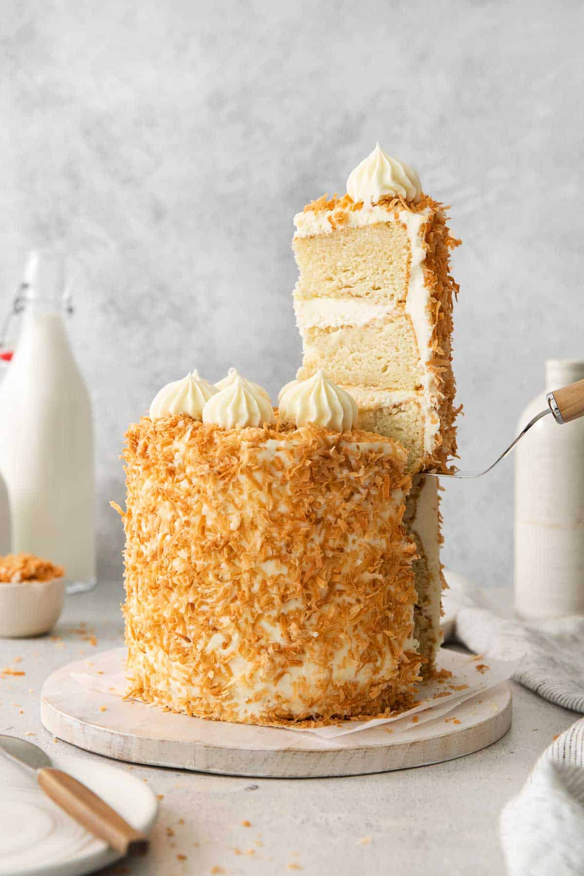 Coconut layer cake on a platter