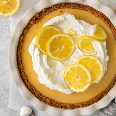 an overhead view of lemon cream pie