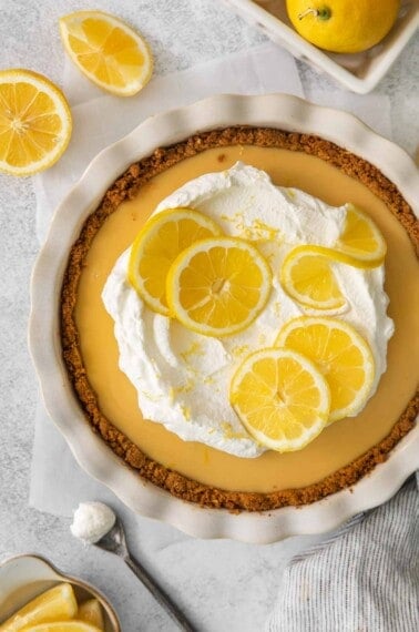 an overhead view of lemon cream pie