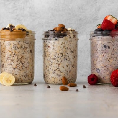Three jars with three different varieties of overnight oats