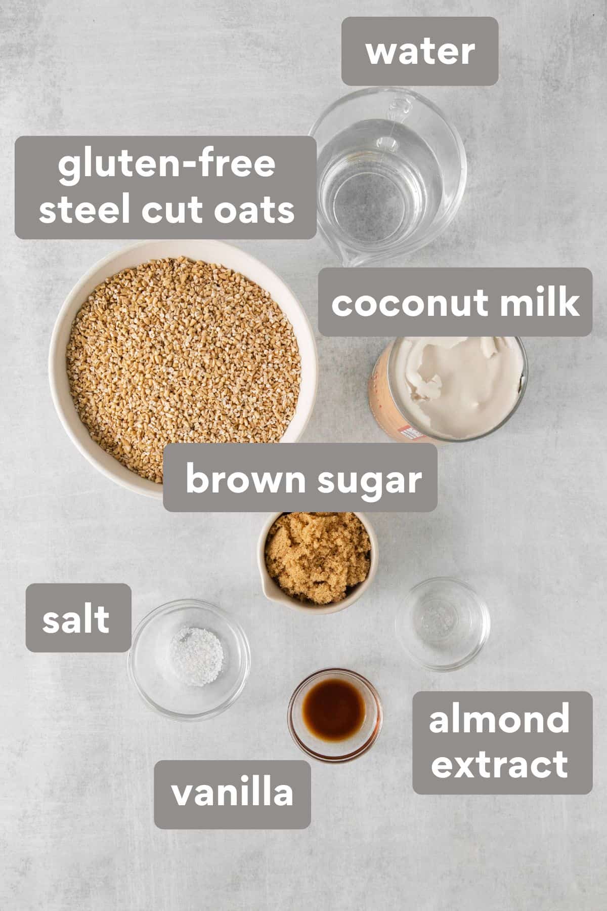 Ingredients for steel cut oats on a counter top