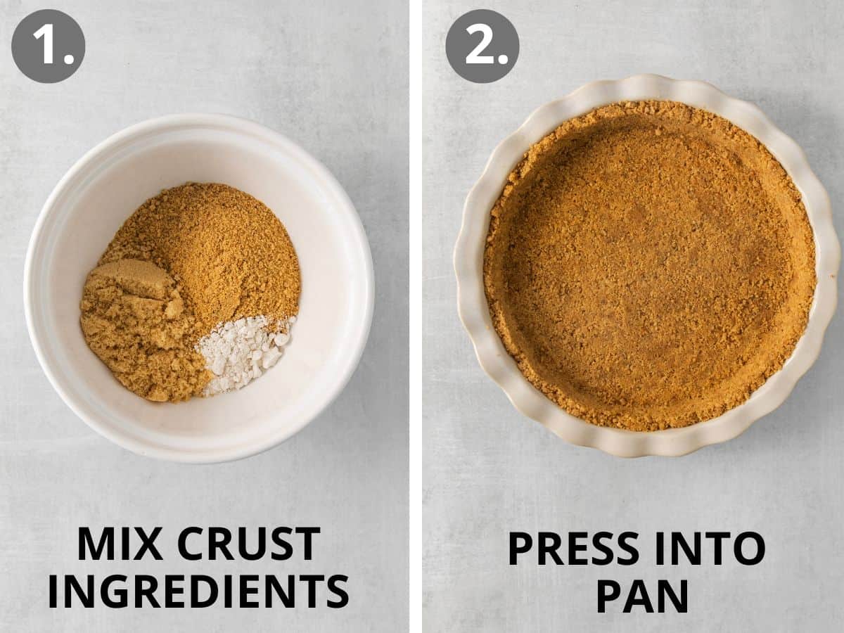 Crust ingredients in a bowl, and crust pressed into a pie pan