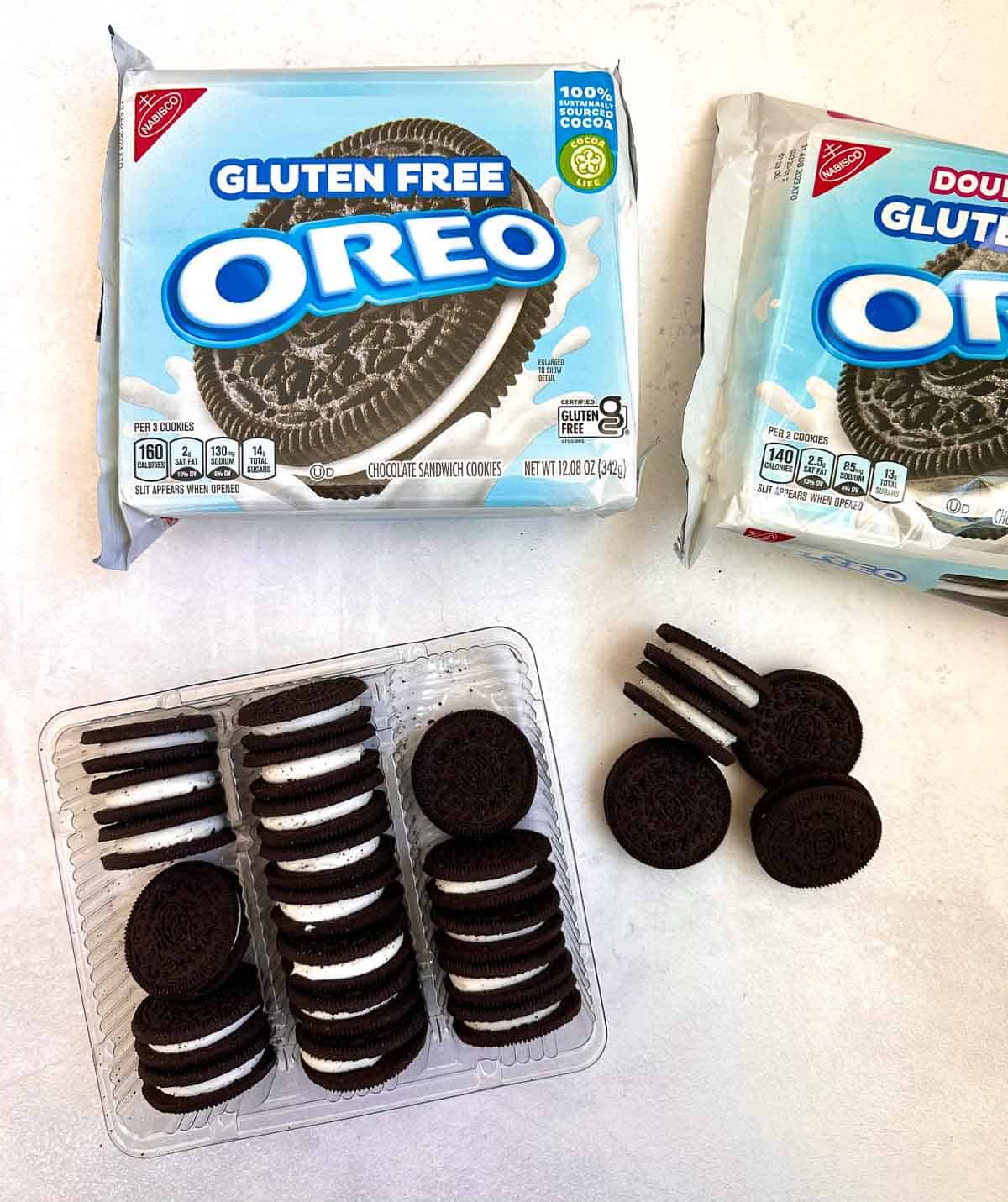 close up of oreos in package on white background