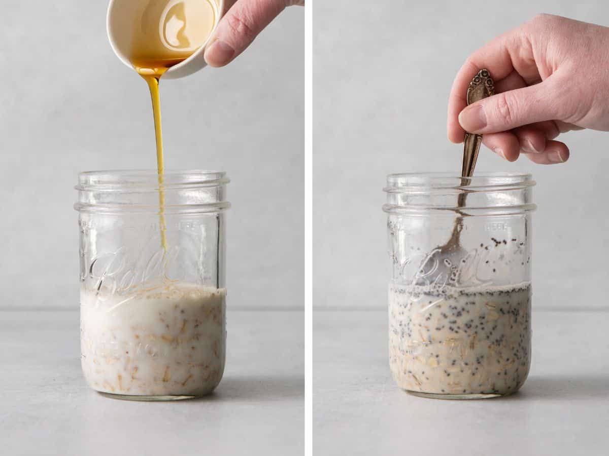 Overnight oats in a jar, with a hand pouring honey into the jar, and a hand using a spoon to mix the jar