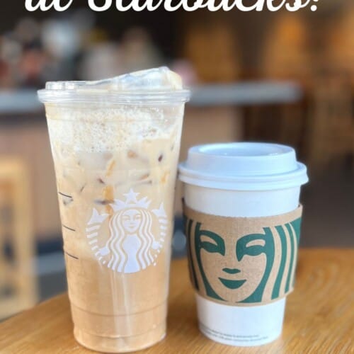 close up shot of 2 starbucks drinks with text overlay