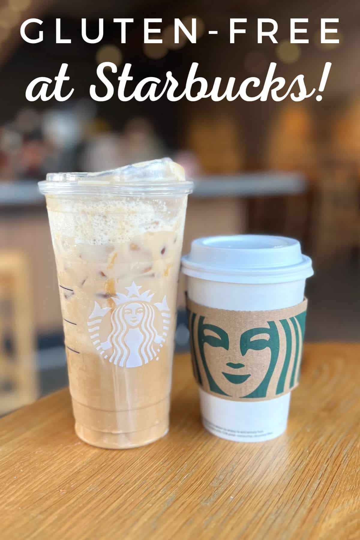 close up shot of 2 starbucks drinks with text overlay