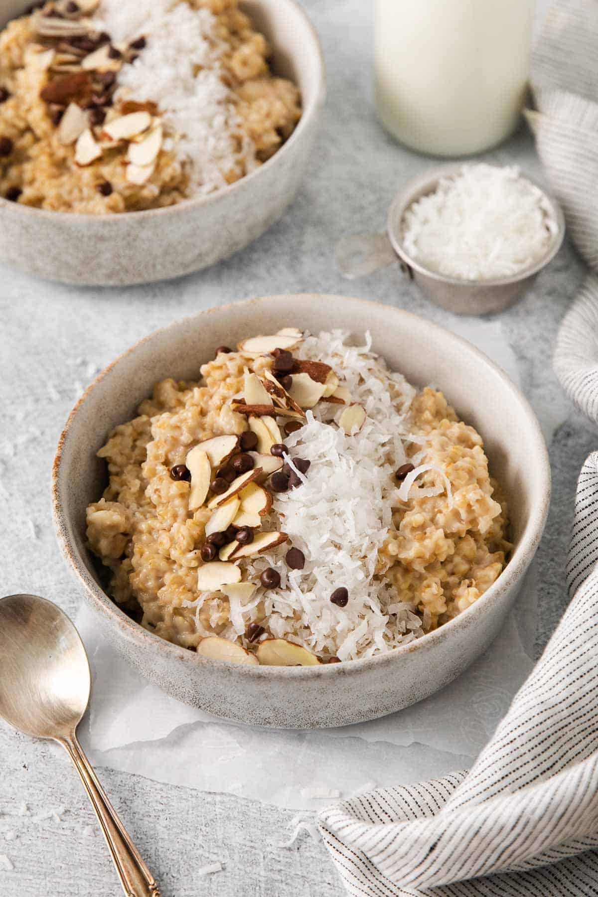 bowl of oats topped with coconut and chocolate chips