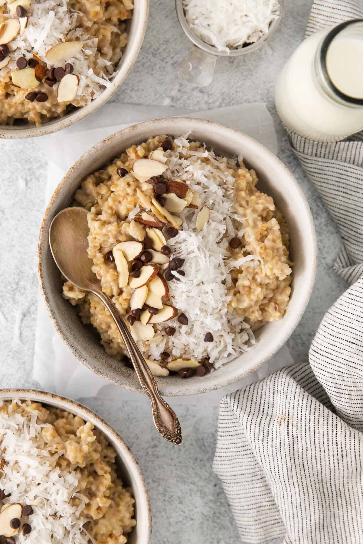 An overhead view of steel cut oats in a bowl