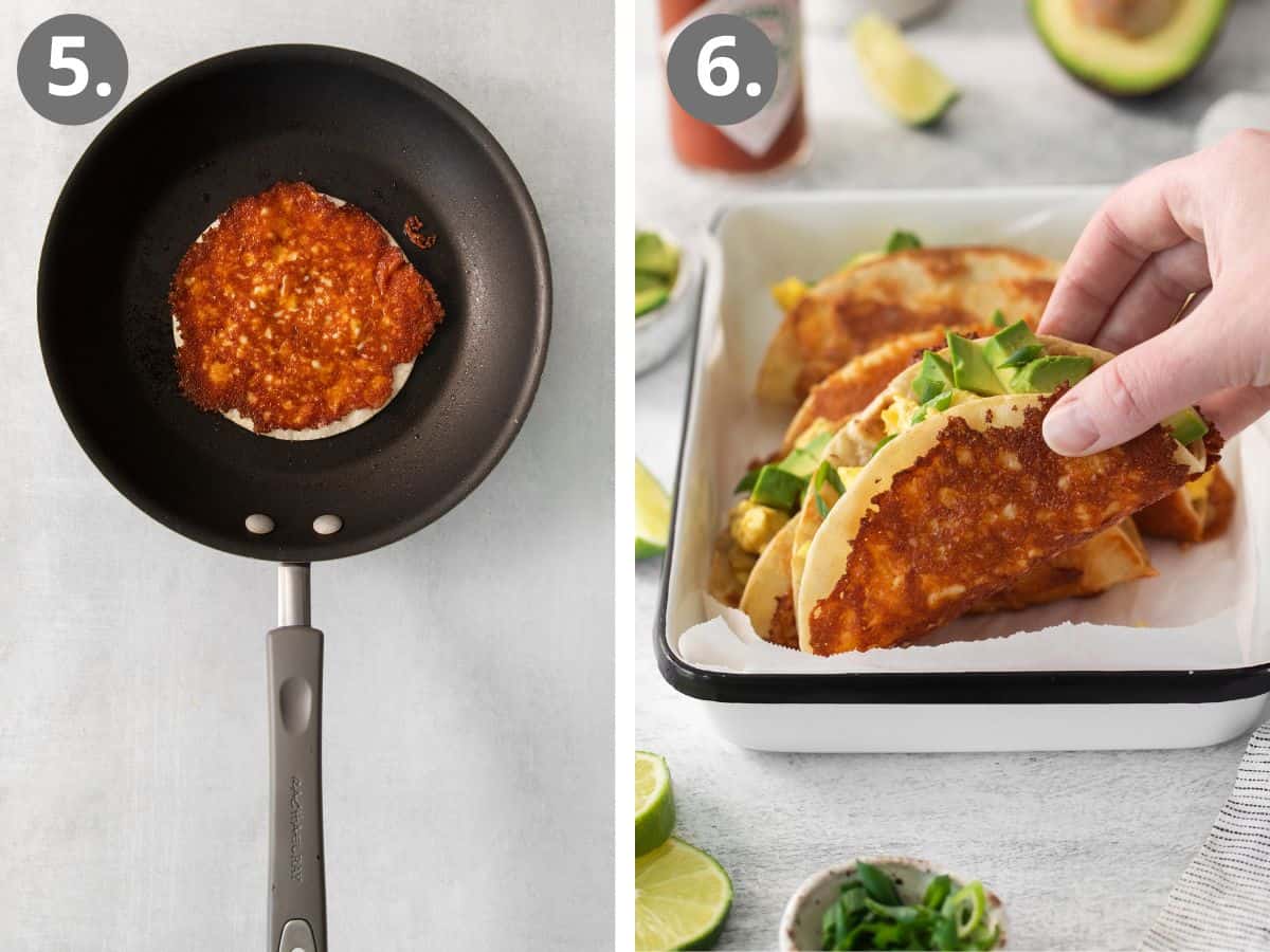 Fried cheese on a corn tortilla in a skillet, and an assembled breakfast taco in a baking dish with a hand picking it up