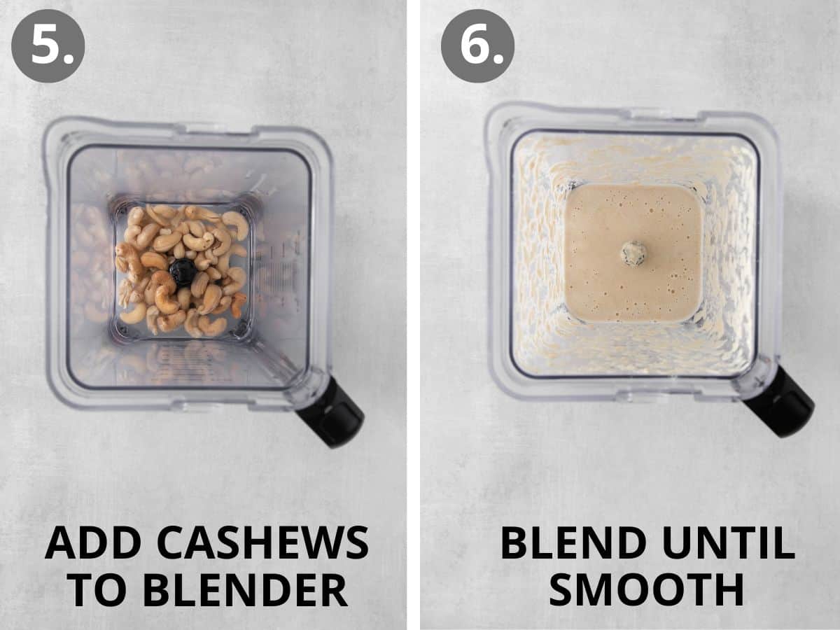 Cashews in a blender, and blended cashews in a blender