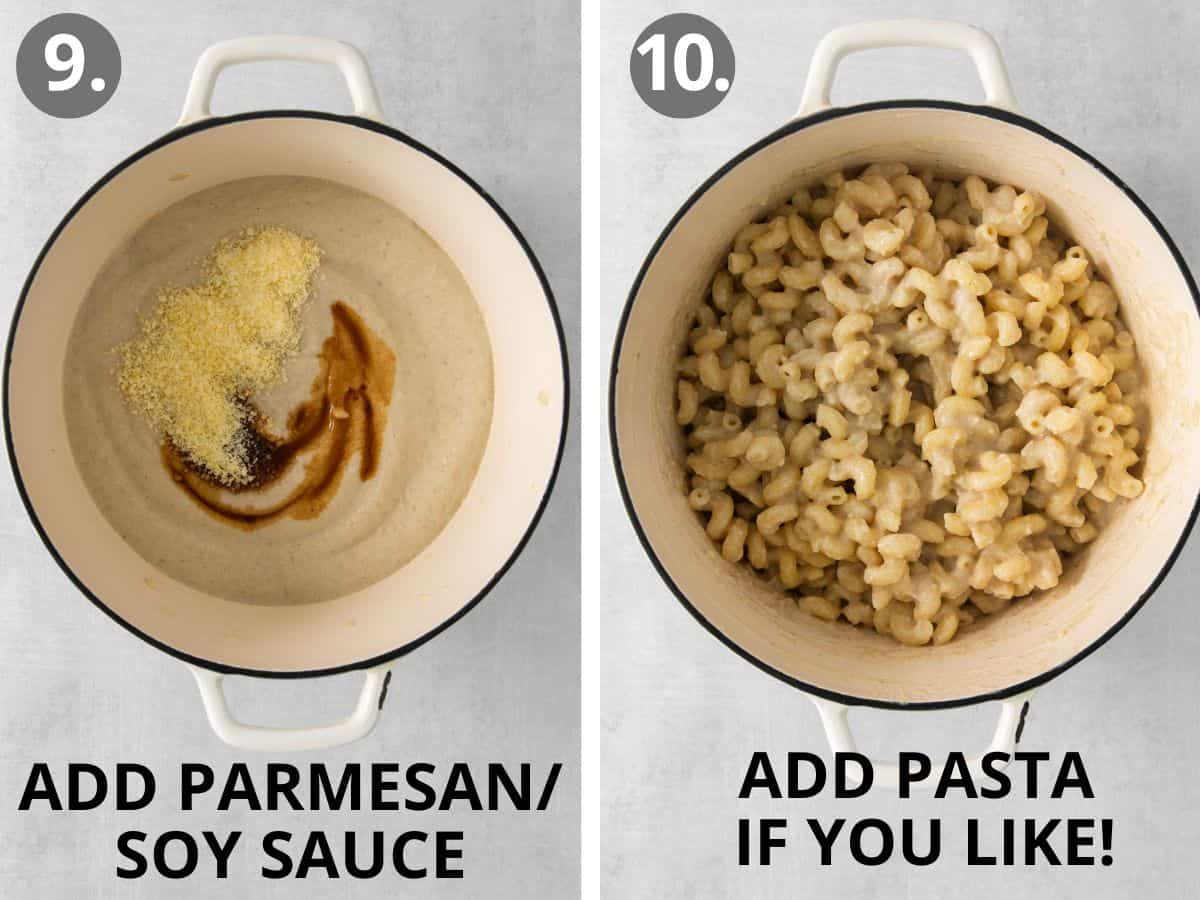 Parmesan and soy sauce added to the pot of sauce, and pasta added to the sauce