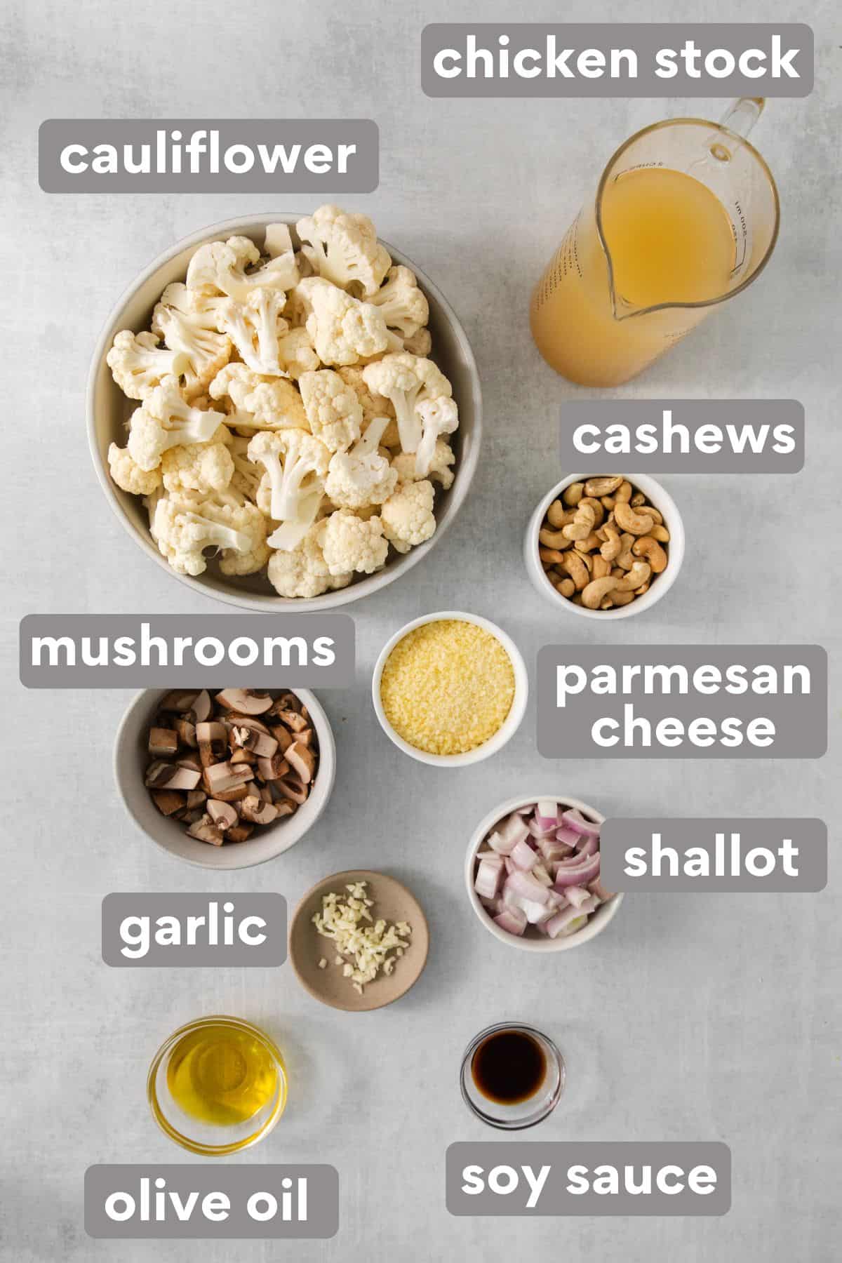 Ingredients for cauliflower alfredo sauce on a countertop