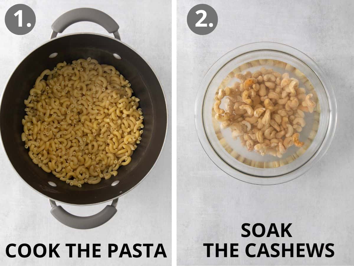 Pasta cooking in a pot, and cashews soaking in a bowl of water