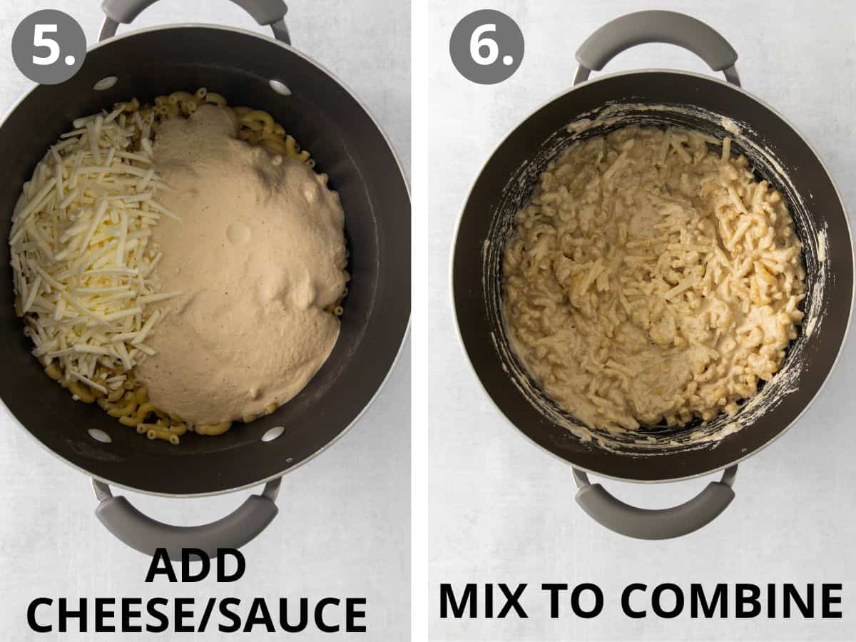 Sauce added to the pot of pasta, and a mixed pot of pasta and sauce