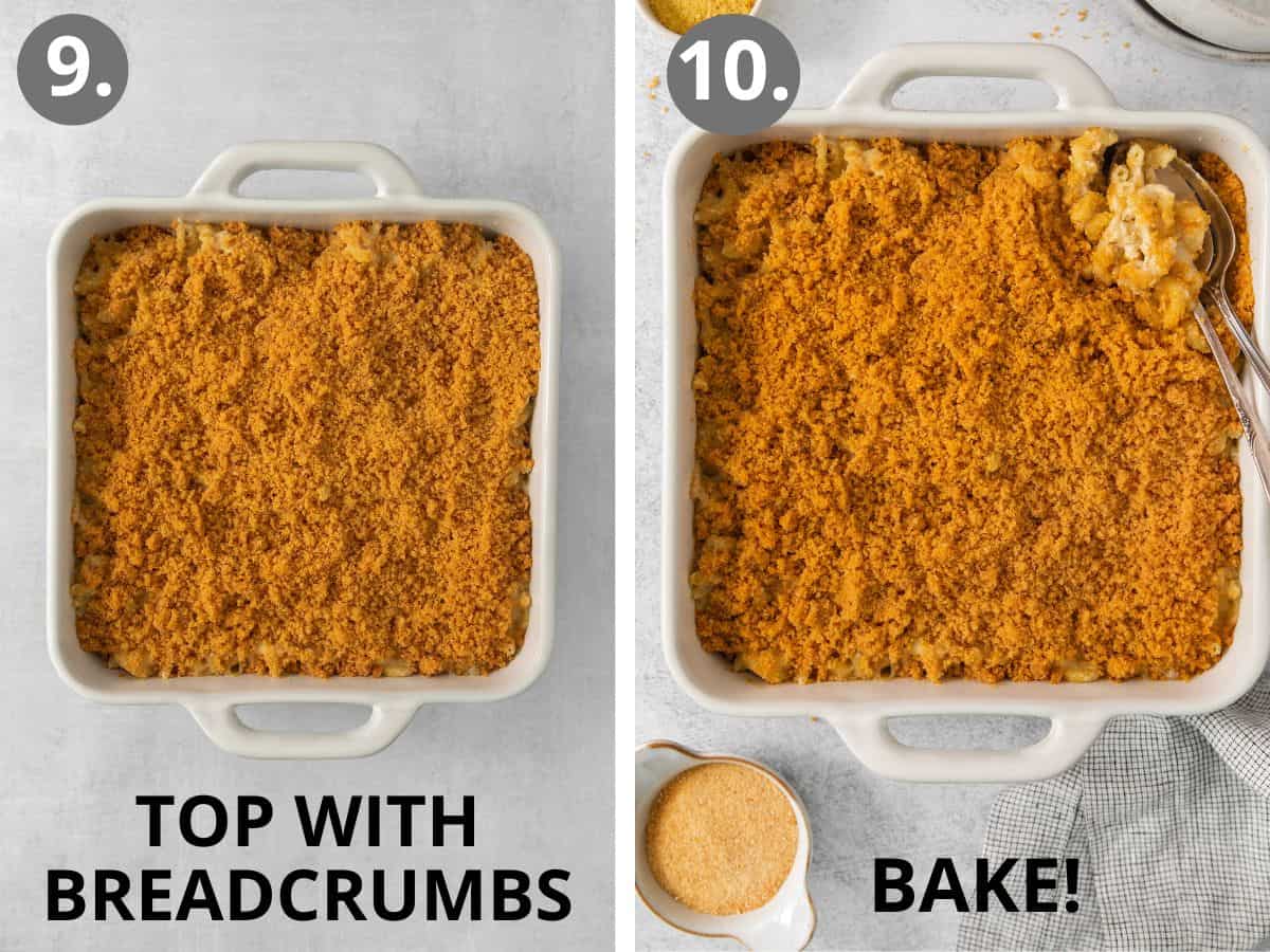 Breadcrumbs on top of the mac and cheese in a baking dish, and baked mac and cheese