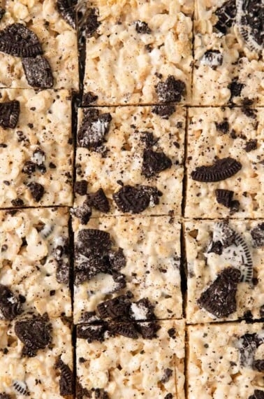 Gluten-free Oreo rice crispy treats cut into squares