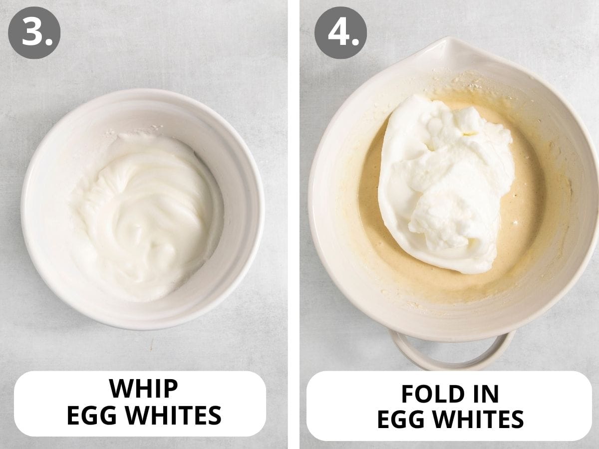 whipped egg whites in a bowl, and whipped egg whites mixed into gluten-free waffles batter