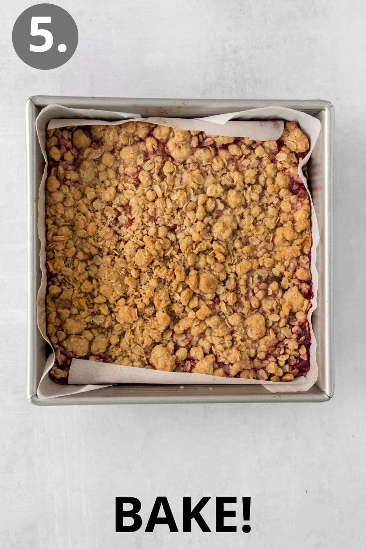 Baked raspberry bars in a baking dish