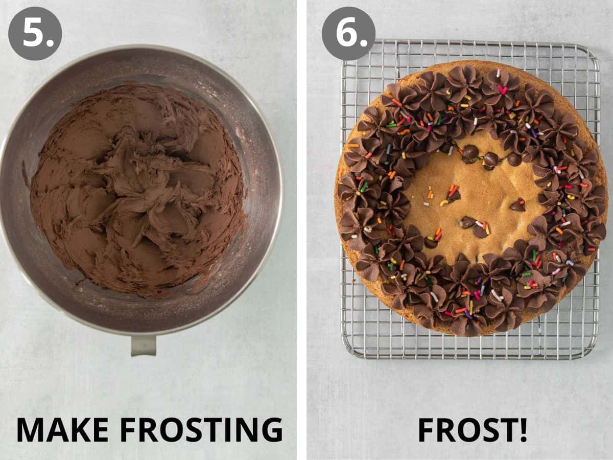 Frosting in a mixing bowl, and cookie cake with frosting on it