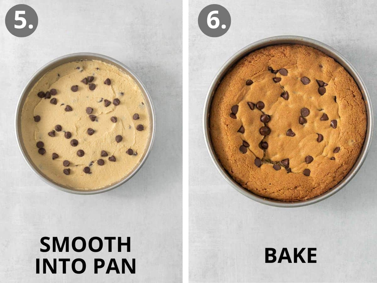 Cookie cake batter in a round pan, and a baked cookie cake