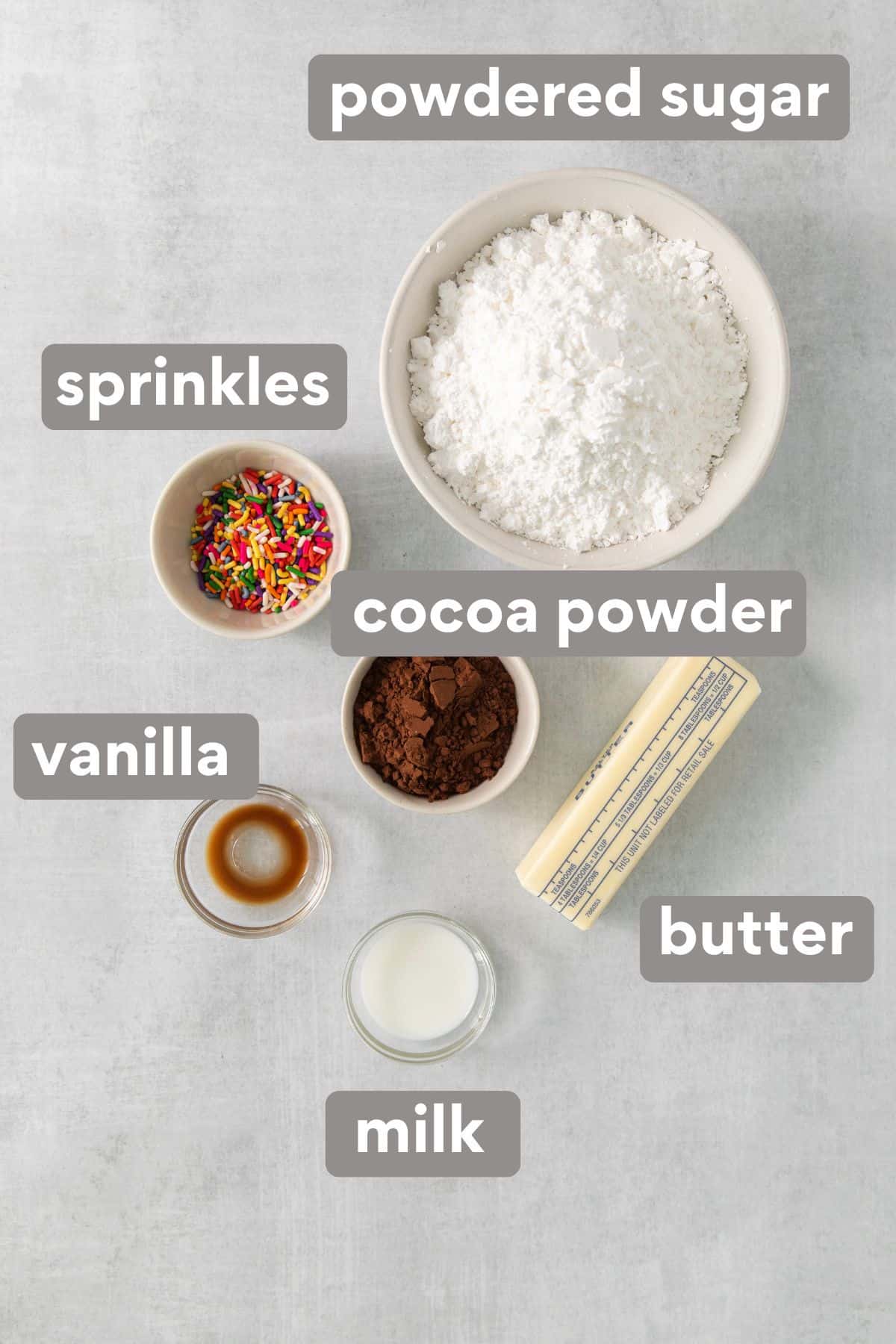 Cookie cake frosting ingredients on a countertop