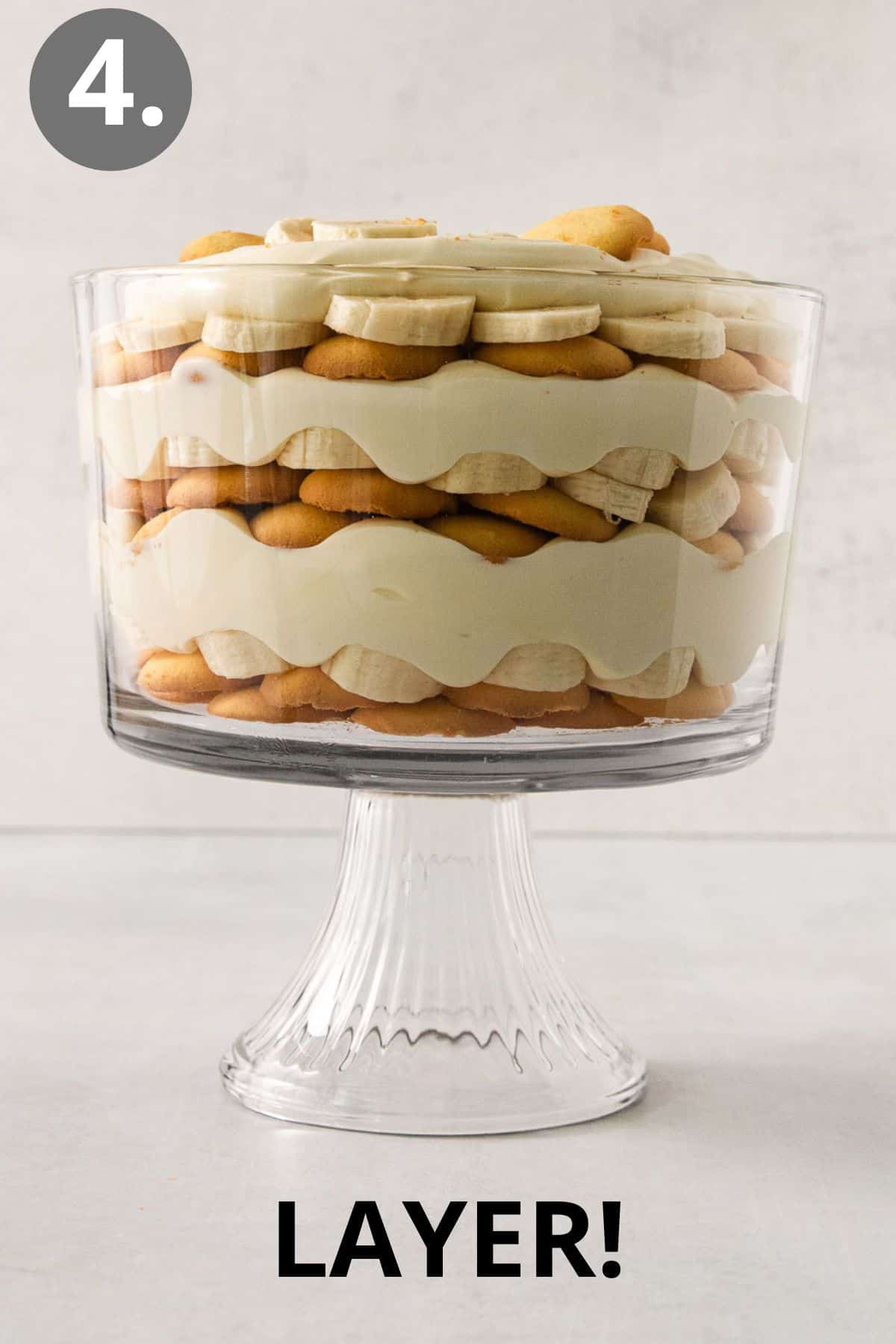 A side view of gluten-free banana pudding in a trifle dish
