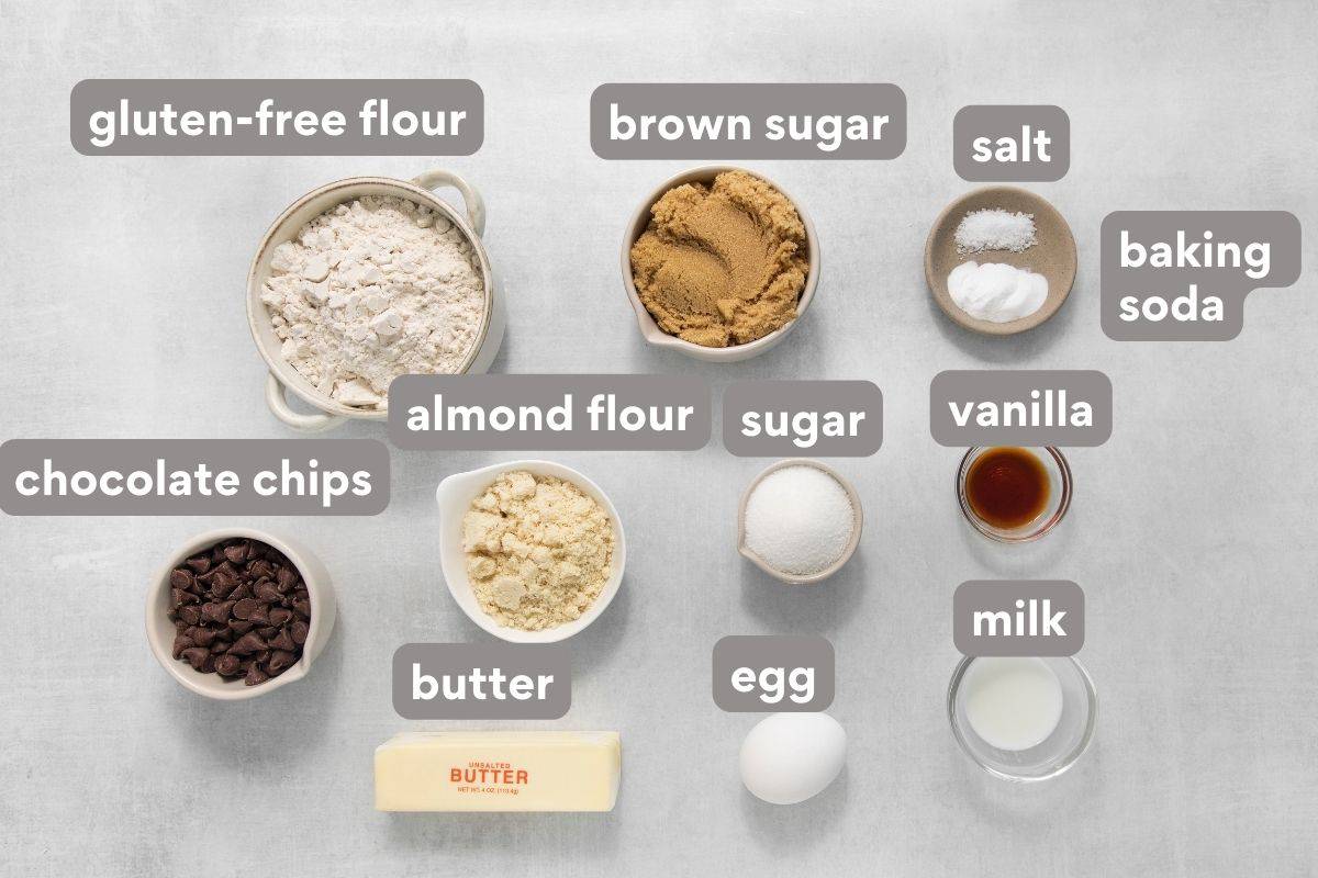overhead shot of ingredients needed to make gluten-free chocolate chip cookies