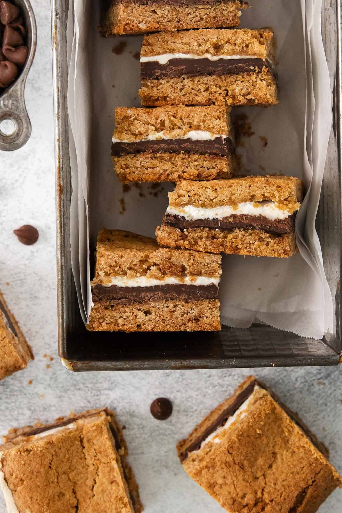 Gluten-free s'mores bars in a baking pan