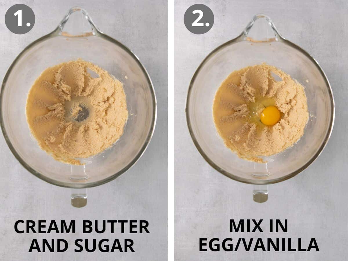 Butter and sugar creamed in a bowl, and eggs and vanilla added into the bowl