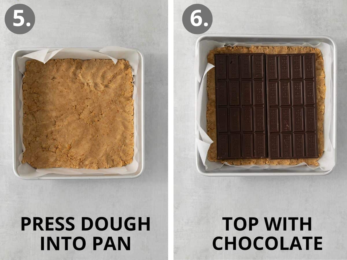 Dough in a pan, and chocolate on top of the dough