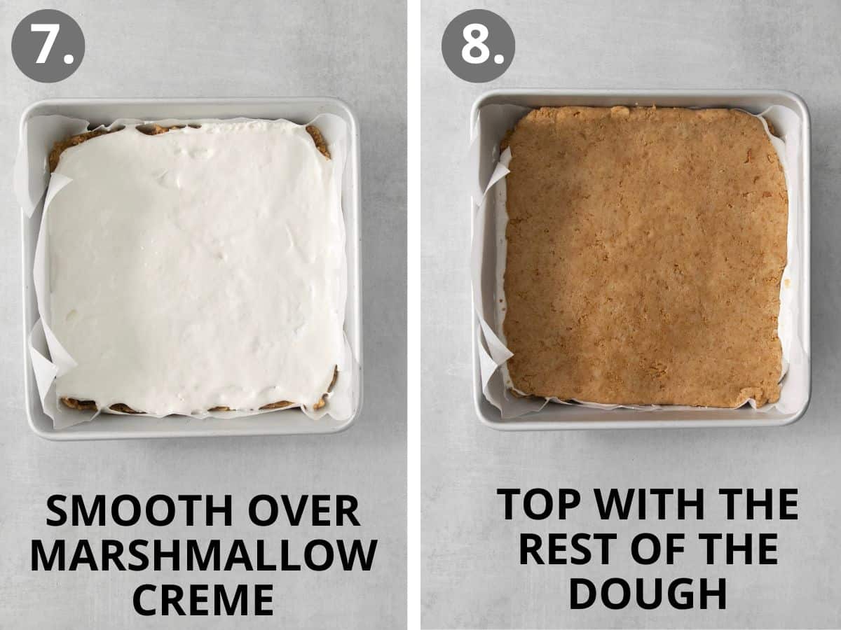 Mashmallow creme smoothed in the pan, and crumbs added to the top of the bars