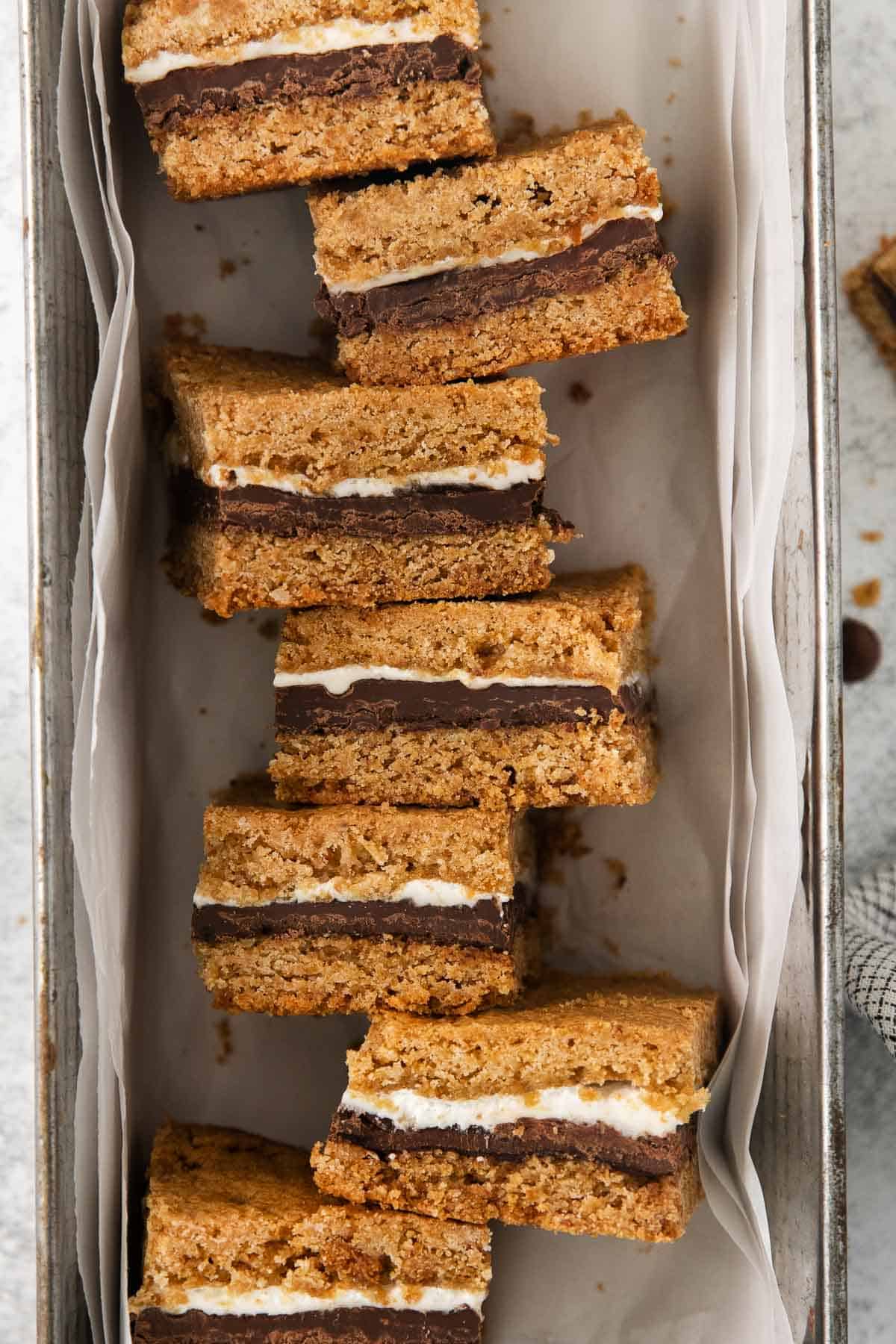Gluten-free s'mores bars in a baking pan