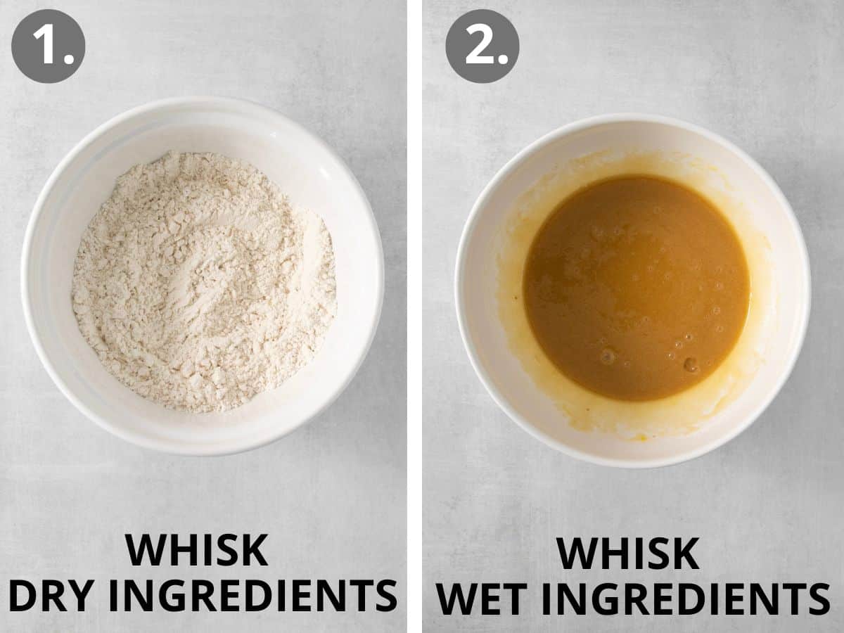 Dry ingredients in a mixing bowl, and wet ingredients in a mixing bowl