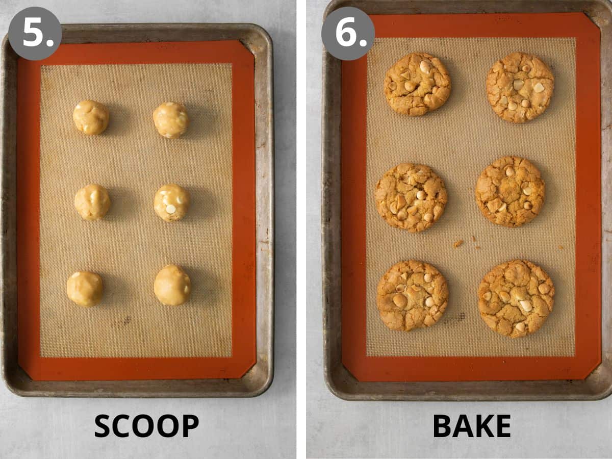 White chocolate macadamia nut cookie dough on a baking sheet, and baked cookies on a baking sheet