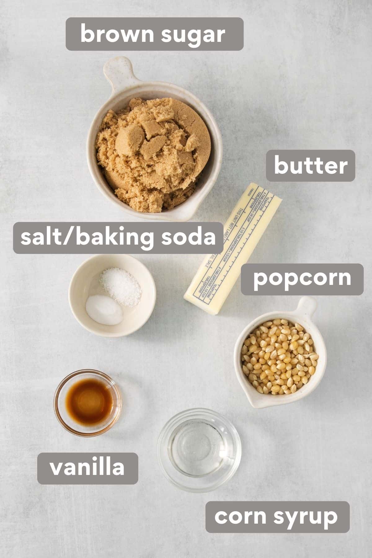 Microwave caramel corn ingredients on a countertop