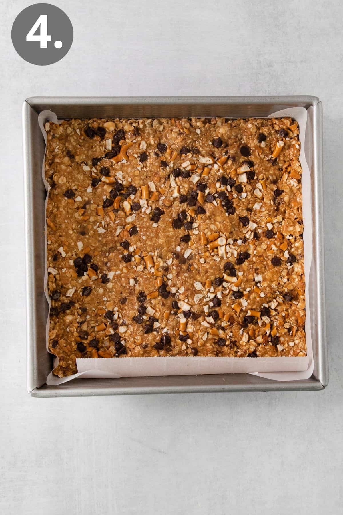No-bake peanut butter oatmeal bars pressed into a baking dish