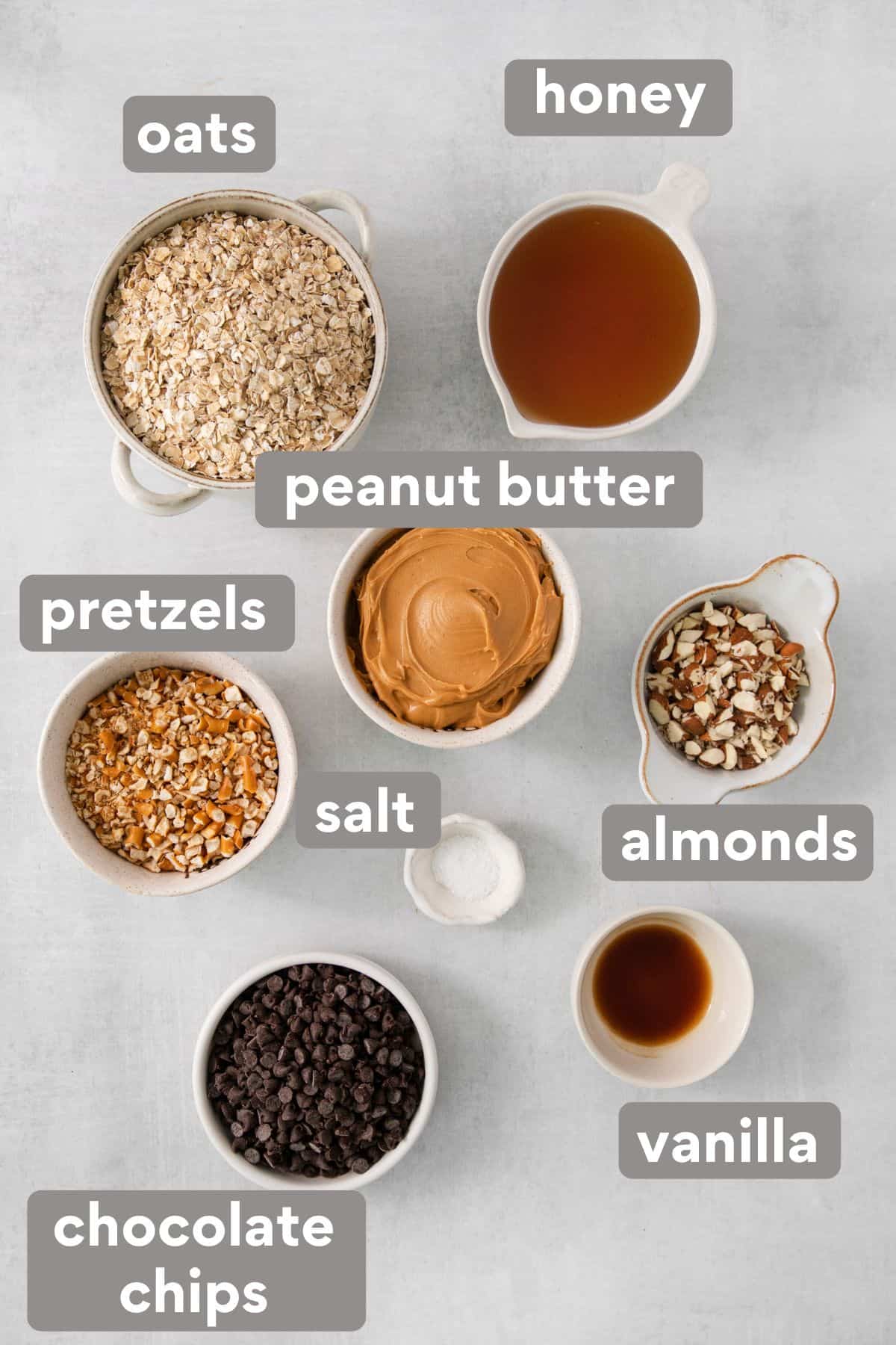 No-bake peanut butter oatmeal bars ingredients on a countertop